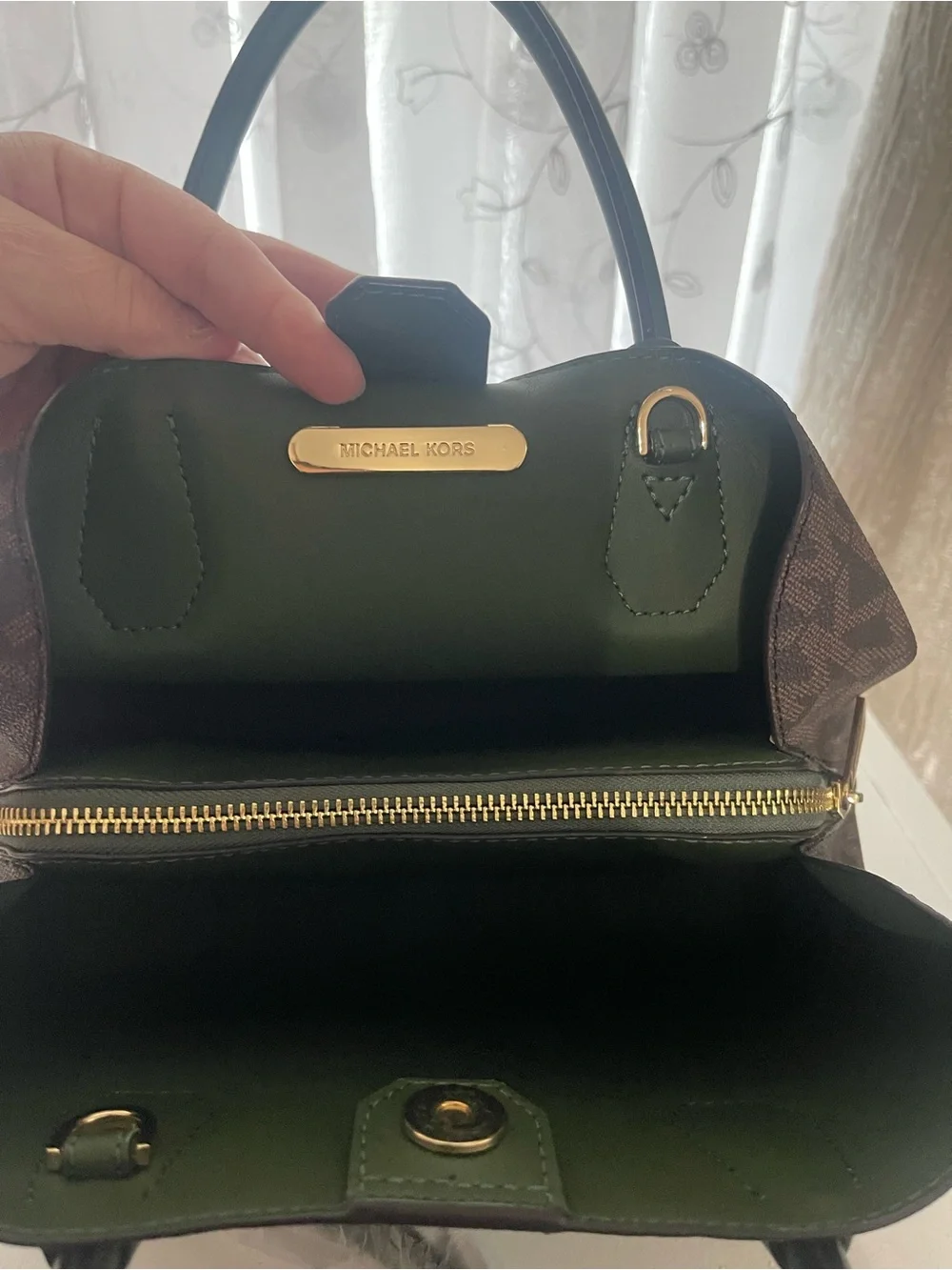 Michael Kors Dark Green Top-Handle Satchel with Gold Hardware